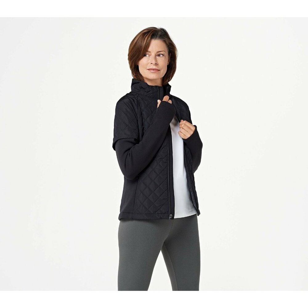 Zuda Quilted Jacket  Size Large with Scuba Knit Sleeves Black Active Sporty